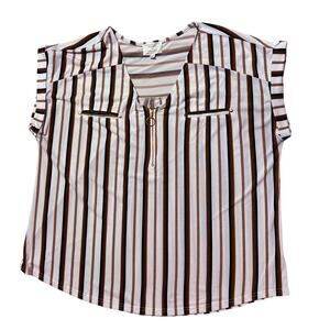 Flower & Feather Striped Zip-Front Blouse – Size 1X
